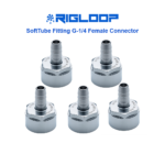 Five metallic G1/4 female barbed connectors arranged in two rows on a dark background. Each fitting has a hexagonal base with a ridged barb section, engraved with βG1/4β and βMADE IN TAIWAN.β Blue text above reads βRIGLOOP SoftTube Fitting Gβ1/4 Female Connector.