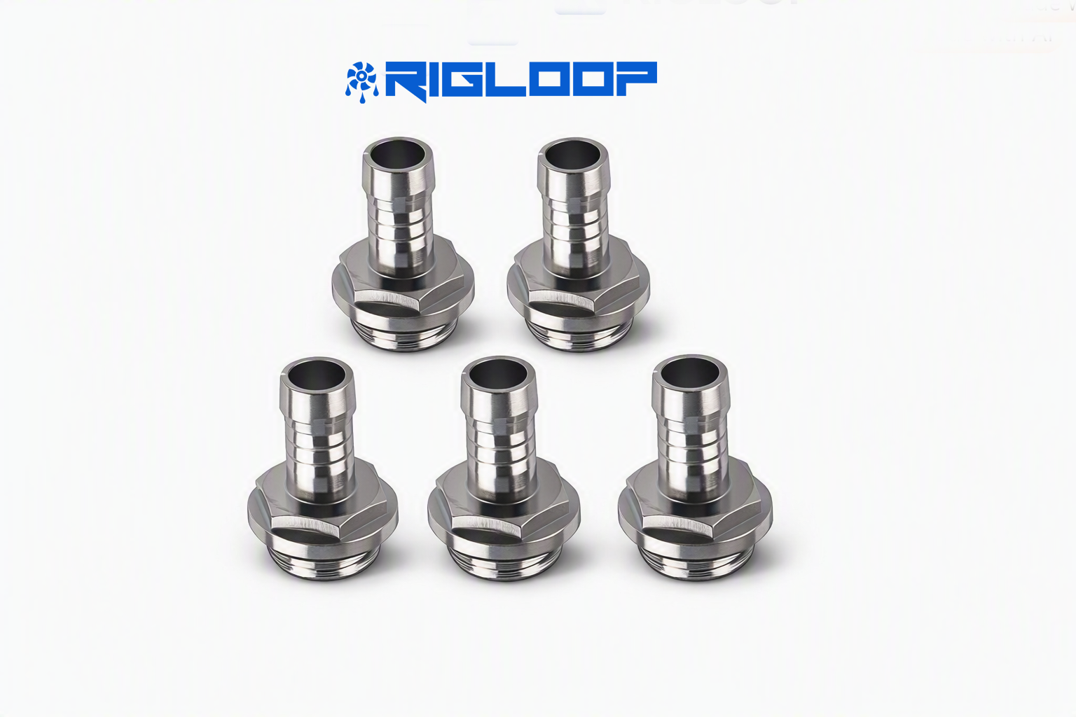 A clean product photo showing five stainlessβsteel hose barb fittings arranged in two rows on a whiteβgrey background. Each fitting has a polished silver finish, a hexagonal threaded base, and a ribbed cylindrical top for hose connection. The fittings cast soft shadows beneath them, and the Rigloop logo appears centered above in blue and dark grey, giving the image a professional, catalogβready look.