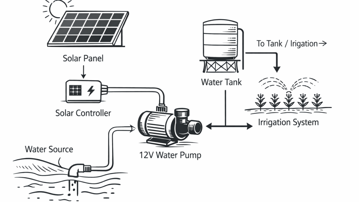 WordPress editor showing post titled 'Beginner’s Guide to Solar Water Pumps in India' with schematic diagram of a solar water pump system, including solar panel, controller, water source, 12V pump, water tank, and irrigation system with arrows indicating water flow.