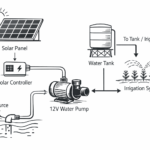 WordPress editor showing post titled 'Beginner’s Guide to Solar Water Pumps in India' with schematic diagram of a solar water pump system, including solar panel, controller, water source, 12V pump, water tank, and irrigation system with arrows indicating water flow.