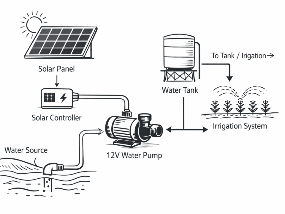 WordPress editor showing post titled 'Beginner’s Guide to Solar Water Pumps in India' with schematic diagram of a solar water pump system, including solar panel, controller, water source, 12V pump, water tank, and irrigation system with arrows indicating water flow.