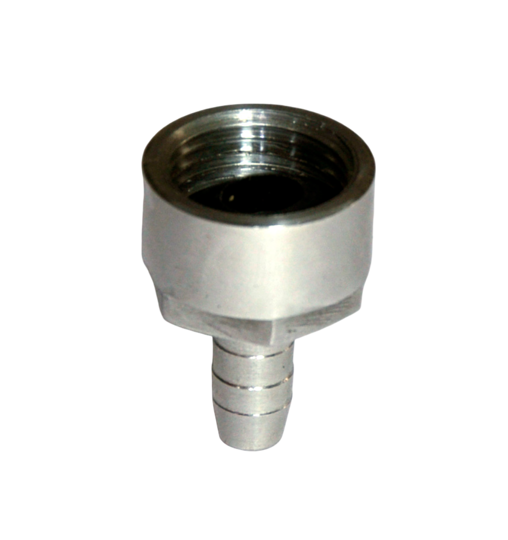 A polished stainless‑steel G 1/2‑inch hose barb connector with a hexagonal base for wrench tightening and a ridged cylindrical barb section designed to secure flexible tubing. The connector is shown against a neutral background, highlighting its shiny metallic finish and precision machining.