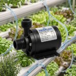 A black, cylindrical DC submersible dual power water pump with threaded connection ports and a white specification label, set against a plain white background.