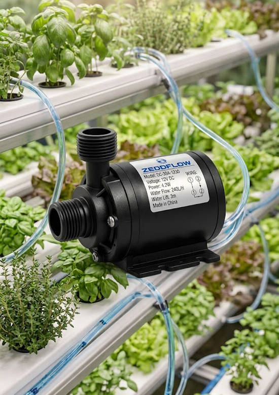 A black, cylindrical DC submersible dual power water pump with threaded connection ports and a white specification label, set against a plain white background.