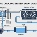 WordPress editor showing blog post titled 'Beginner’s Guide to Liquid Cooling Your Gaming PC' with labeled diagram of a liquid cooling loop, including CPU water block, pump, reservoir, tank, and radiator with fans, connected by blue coolant lines