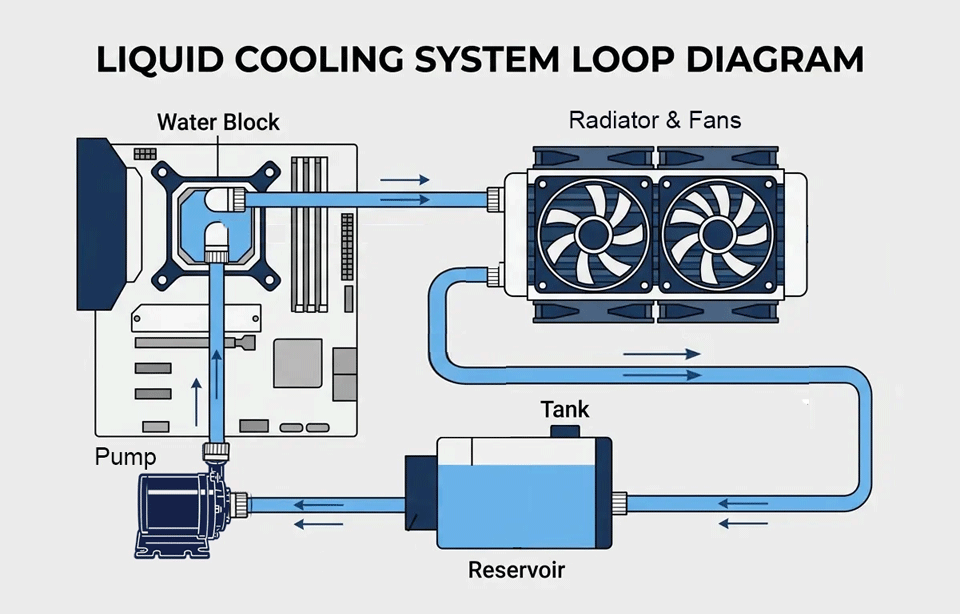 WordPress editor showing blog post titled 'Beginner’s Guide to Liquid Cooling Your Gaming PC' with labeled diagram of a liquid cooling loop, including CPU water block, pump, reservoir, tank, and radiator with fans, connected by blue coolant lines