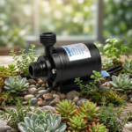 Zeddflow 12V DC water pump displayed in a vertical lifestyle setting surrounded by succulents and river stones.