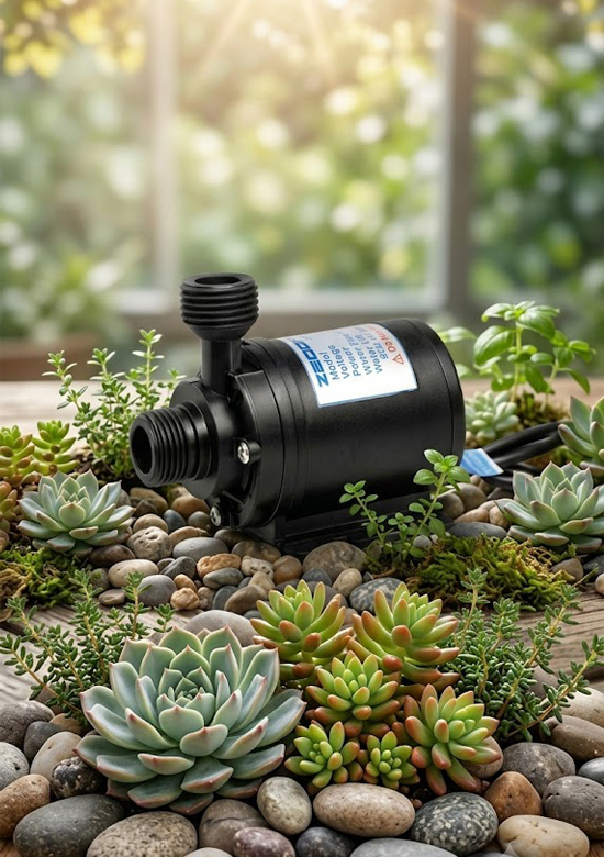 Zeddflow 12V DC water pump displayed in a vertical lifestyle setting surrounded by succulents and river stones.