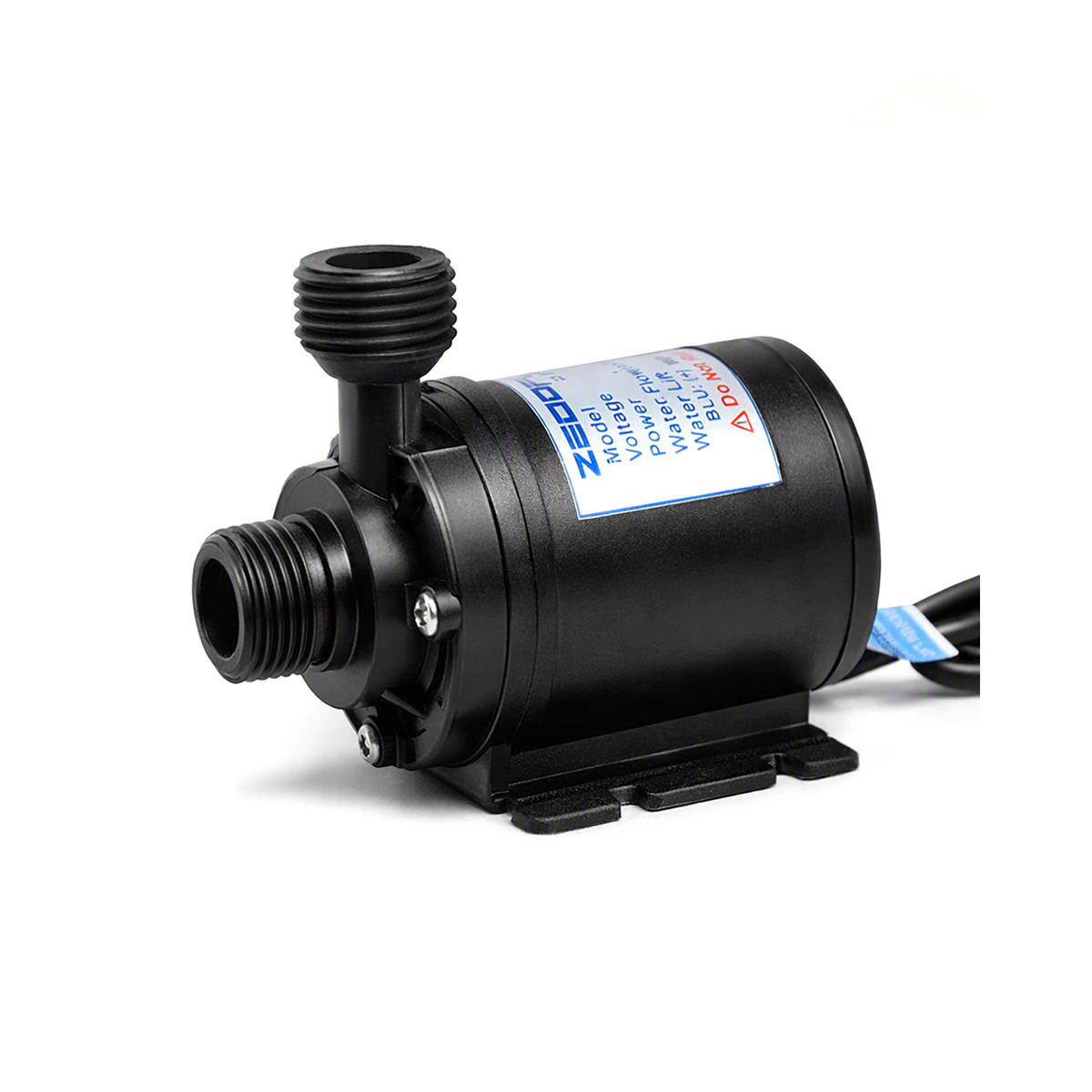 A sleek product photo of a compact black water pump labeled “ZISOO,” displayed against a clean tech‑grey background styled for a Facebook listing. The pump sits slightly angled on a black base with threaded inlet and outlet ports. A blue‑white label shows voltage and flow specifications. The upper section features the ZEDDFLOW logo and a “Made in India” tag, while the lower area includes a QR code labeled “SCAN ME” and a tagline reading “Premium Quality | Advanced Technology | Reliable Performance.