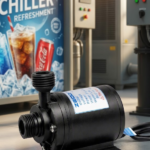 Three-quarter view of a black cylindrical water pump, model DC-30A-1230, resting on its base with its specifications label visible.