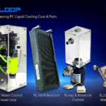 RIGLOOP Premium Gaming PC Liquid Cooling display with four components: transparent mid-tower case featuring green coolant tubing, RL160M black radiator, pump and reservoir combo, and RL50WB CPU water block