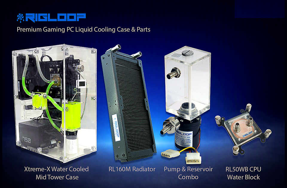 RIGLOOP Premium Gaming PC Liquid Cooling display with four components: transparent mid-tower case featuring green coolant tubing, RL160M black radiator, pump and reservoir combo, and RL50WB CPU water block