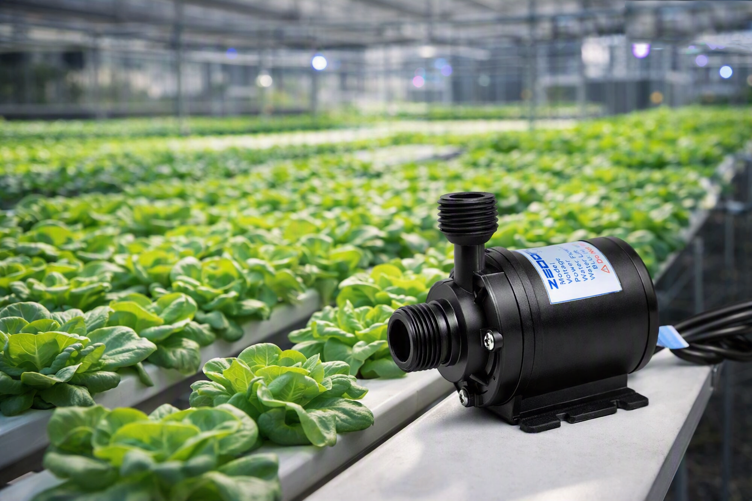 “Black water pump aligned to the right, set against rows of green lettuce growing in a white hydroponic system inside a greenhouse with sunlight and grow lights overhead