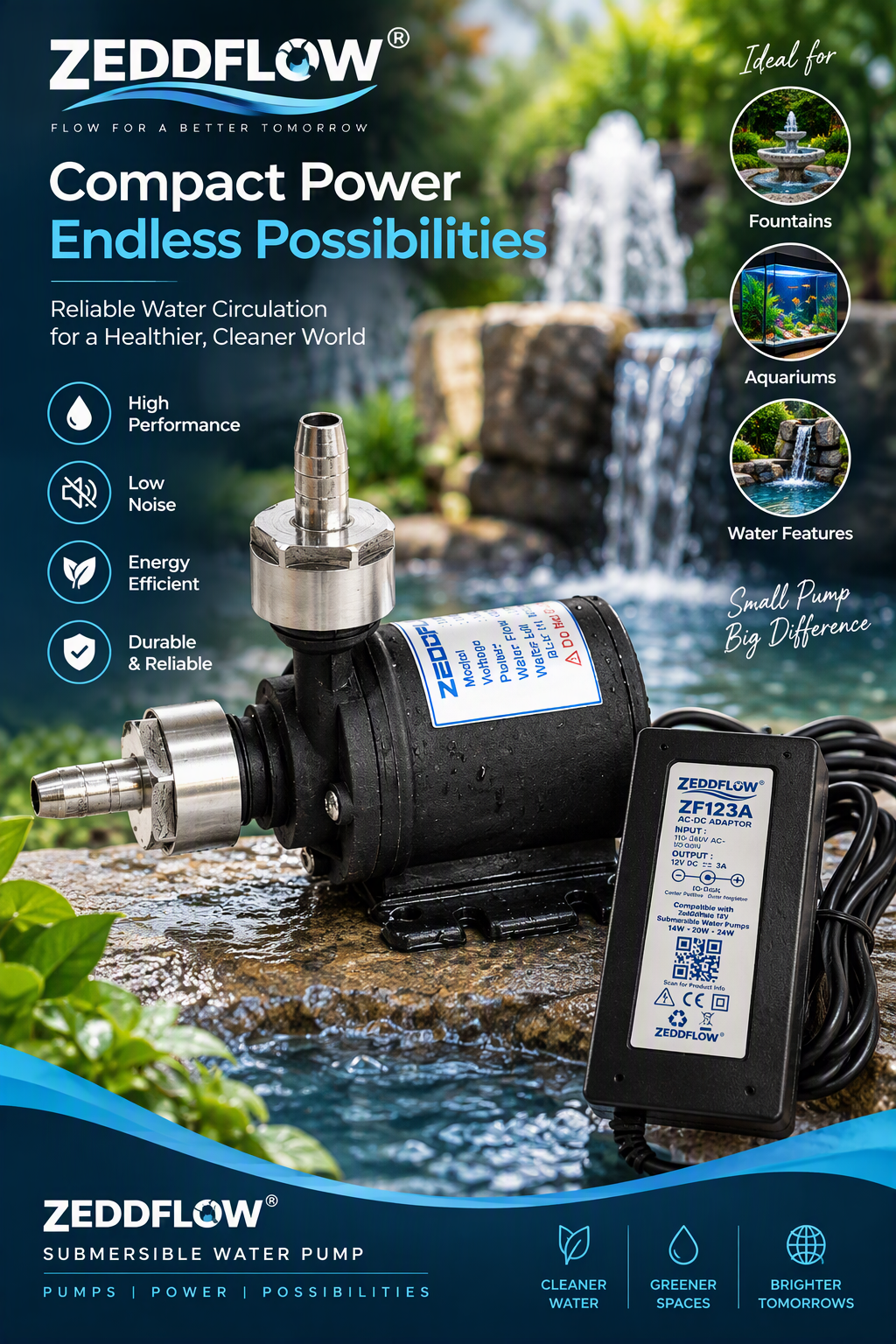 Zeddflow 12V DC brushless submersible water pump with stainless steel barb connectors and 12V 3A power adapter displayed beside a decorative fountain. Premium water circulation pump suitable for fountains, aquariums, and water features, highlighting high performance, low noise operation, energy efficiency, and reliable water flow.