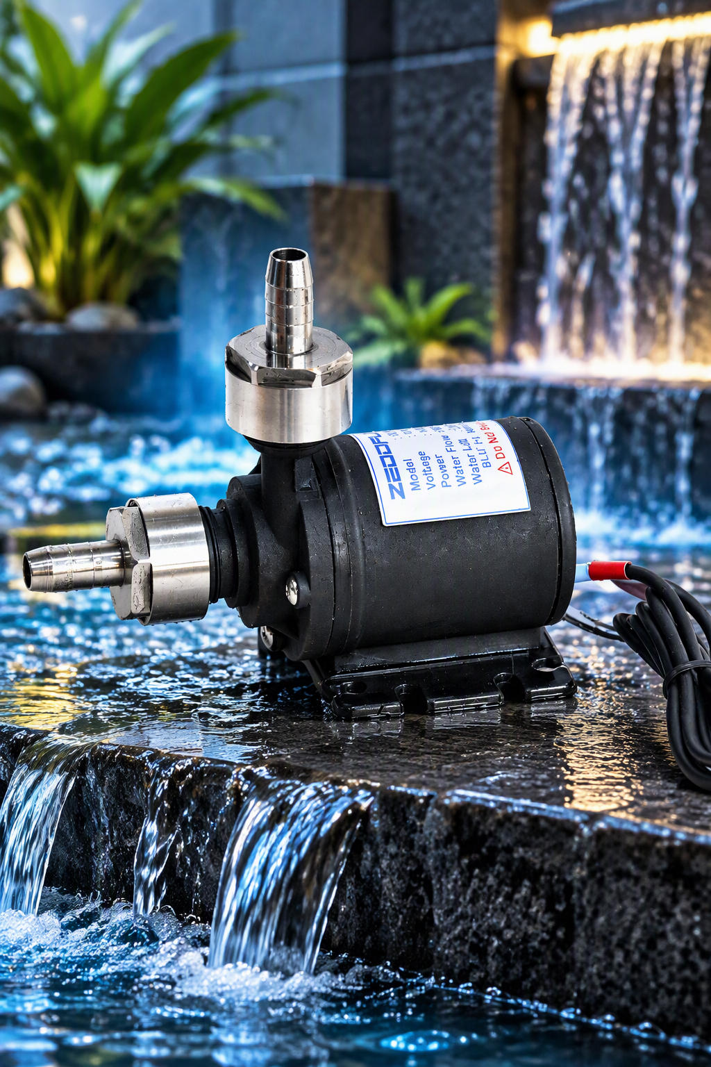 Zeddflow 12V DC brushless submersible water pump with stainless steel barb connectors and 12V 3A power adapter displayed beside a decorative fountain. Premium water circulation pump suitable for fountains, aquariums, and water features, highlighting high performance, low noise operation, energy efficiency, and reliable water flow.