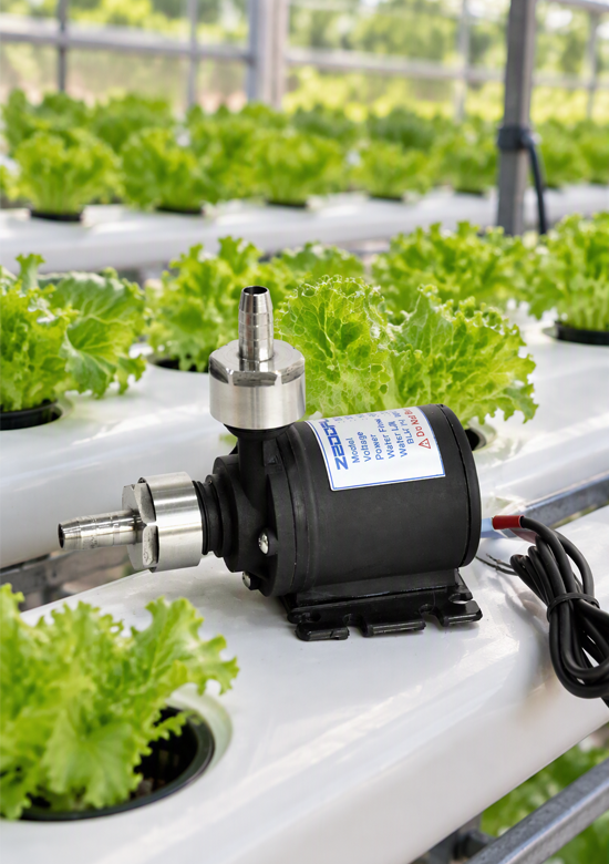 Hydroponic water pump in a greenhouse growing system.