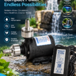 Zeddflow 12V DC brushless submersible water pump with stainless steel barb connectors and 12V 3A power adapter displayed beside a decorative fountain. Premium water circulation pump suitable for fountains, aquariums, and water features, highlighting high performance, low noise operation, energy efficiency, and reliable water flow.