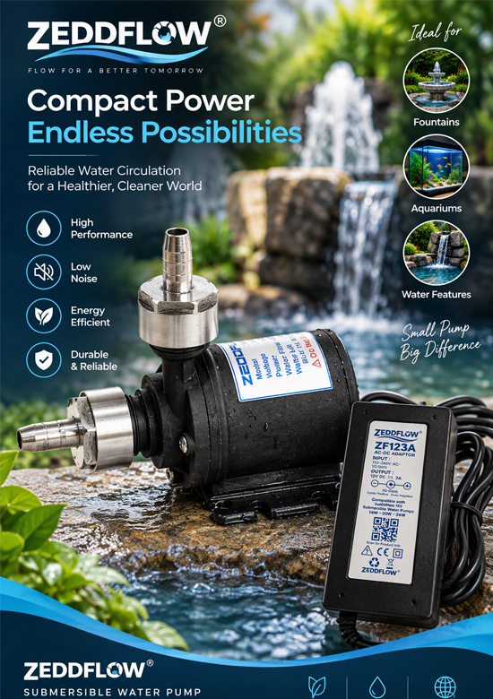 Zeddflow 12V DC brushless submersible water pump with stainless steel barb connectors and 12V 3A power adapter displayed beside a decorative fountain. Premium water circulation pump suitable for fountains, aquariums, and water features, highlighting high performance, low noise operation, energy efficiency, and reliable water flow.